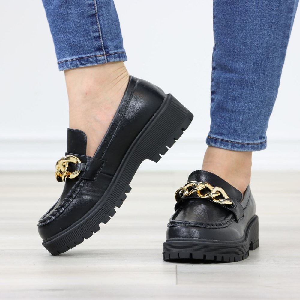 Chunky Lug Sole Slip On Penny Loafers Platform With Gold Chain - Picture 11 of 13